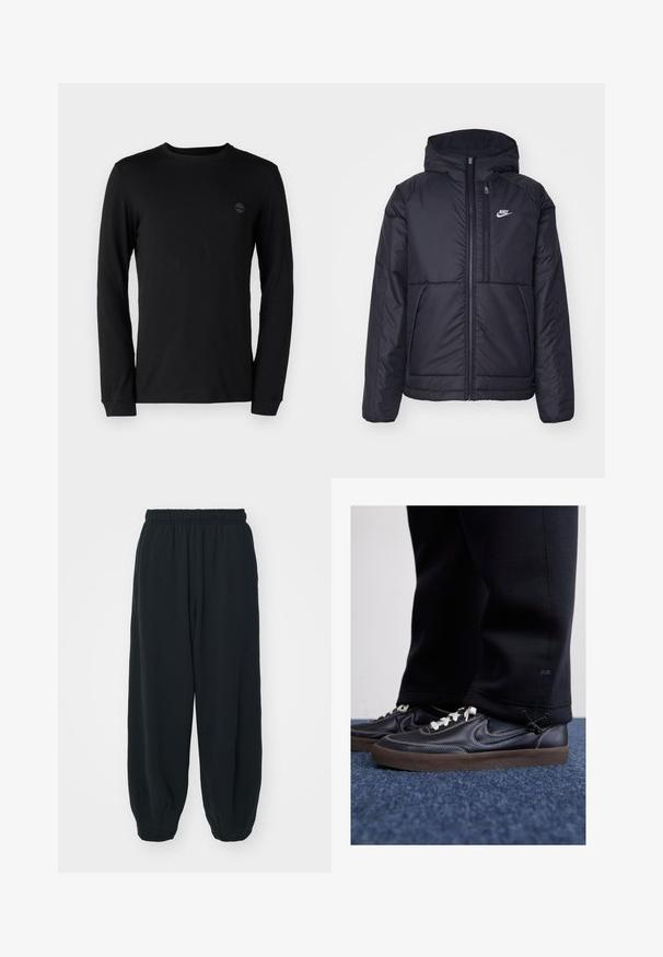 Black, padded Nike jacket with a front zipper and hood. Features a white logo on the left chest and dual front pockets. Smooth exterior texture.; Black long-sleeve t-shirt made of soft cotton, featuring a crew neckline and a subtle logo on the chest. Fitted with standard cuffs.; Black, elasticated-waist sweatpants with a loose fit, cuffed ankles, smooth texture, and no visible patterns or hardware accents.; Nike Sportswear KILLSHOT 2 LTR PRM OPP2 - Trainers - black sail baroque brown mtlc dk grey