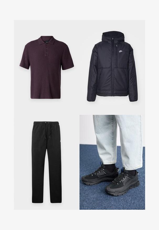Zwarte, gewatteerde Nike-jas met een voorkant met ritssluiting en capuchon. Kenmerkt zich door een wit logo op de linkerborst en dubbele frontzakken. Gladde buitenkant.; Abercrombie & Fitch Poloshirt - plum perfect; Zwarte sweatpants van fleece, met een elastische tailleband met trekkoorden, twee voorzakken en een klein logo op de dij.; Zwarte sportschoenen met gestructureerde stof en rubberen zolen, met elastische veters en een blauwe accent op de hiel. Draag samen met lichte spijkerbroeken.