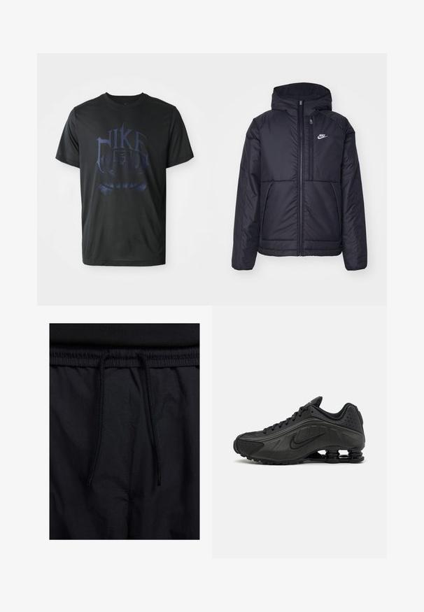 Chaqueta acolchada negra de Nike con cremallera frontal y capucha. Presenta un logo blanco en el lado izquierdo del pecho y dos bolsillos frontales. Textura exterior suave.; Camiseta de baloncesto Nike negra con un gran gráfico del logo en azul, cuello redondo, mangas cortas y tela ligera.; Pantalones cortos negros con cinturilla ajustable, tejido ligero con una textura suave y un diseño sencillo sin logotipos visibles ni patrones.; Zapatillas de running negras con un upper sintético liso, detalles perforados, paneles laterales texturizados y una suela distintiva y elástica.