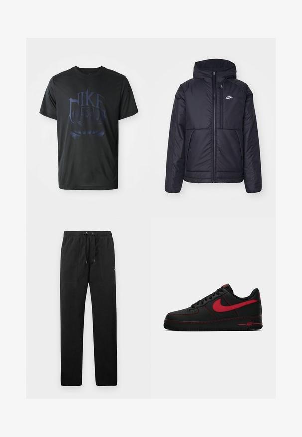 Svart, polstret Nike-jakke med frontglidelås og hette. Har en hvit logo på venstre bryst og doble frontlommer. Glatt ytterside.; Svart Nike basketball T-skjorte med stor blå logo, rund hals, korte ermer og lett stoff.; Sorte joggebukser laget av fleece, med elastisk liv med snøring, to frontlommer og en liten logo på låret.; Svarte lær Nike Air Force 1 sneakers med røde detaljer, som har en glatt tekstur, perforert tå og kontrasterende røde sting.