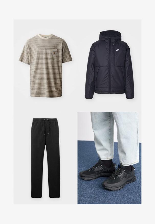 Black, padded Nike jacket with a front zipper and hood. Features a white logo on the left chest and dual front pockets. Smooth exterior texture.; Short-sleeve striped t-shirt in beige and brown, featuring a crew neckline and a chest pocket with a logo patch. Textured fabric.; Black sweatpants made of fleece, featuring an elastic waistband with drawstrings, two front pockets, and a small logo on the thigh.; Black athletic shoes with textured fabric and rubber soles, featuring elastic laces and a blue accent on the heel. Worn with light denim pants.