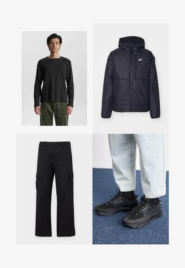 Giacca Nike nera, imbottita, con zip frontale e cappuccio. Presenta un logo bianco sul lato sinistro del petto e doppie tasche frontali. Texture esterna liscia.; Maglietta nera a maniche lunghe con scollo rotondo. Presenta un tessuto testurizzato e una vestibilità rilassata, abbinata a pantaloni verde oliva in tessuto morbido.; Pantaloni cargo neri con design a gamba dritta. Realizzati in tessuto resistente, dotati di due tasche laterali con chiusura a pattina e chiusura con bottone.; Scarpe sportive nere con tessuto testurizzato e suole in gomma, dotate di lacci elastici e un accento blu sul tallone. Indossate con pantaloni in denim chiaro.