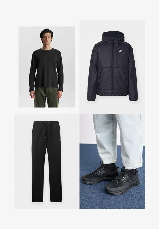 Schwarze, gepolsterte Nike-Jacke mit Frontreißverschluss und Kapuze. Hat ein weißes Logo auf der linken Brust und zwei Fronttaschen. Glattes äußeres Material.; Schwarzes langärmliges, geripptes Shirt mit Rundhalsausschnitt. Ausgestattet mit einem strukturierten Stoff und einem lockeren Schnitt, kombiniert mit olivgrünen, weich texturierten Hosen.; Schwarze Sweatpants aus Fleece, mit einem elastischen Bund mit Kordelzug, zwei Fronttaschen und einem kleinen Logo auf dem Oberschenkel.; Schwarze Sportschuhe aus strukturiertem Stoff mit Gummisohlen, ausgestattet mit elastischen Schnürsenkeln und einem blauen Akzent an der Ferse. Getragen mit hellen Jeans.