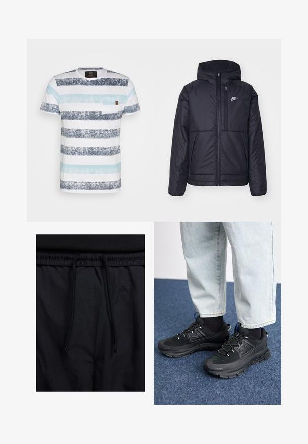 Črna, podložena Nike jakna z sprednjim zadrgo in kapuco. Ima bel logo na levem prsnem delu in dvojna sprednja žepa. Gladka zunanja tekstura.; Pajkasta majica z vodoravnimi črtami v temno modri, svetlo modri in beli barvi. Vključuje majhen žep na prsih in mehak bombažni material.; Črne kratke hlače z vrvico v pasu, lahkotna tkanina z gladko teksturo in preprosto zasnovo brez vidnih logotipov ali vzorcev.; Črne športne čevlje z teksturirano tkanino in gumijastimi podplati, ki imajo elastične vezalke ter modre poudarke na peti. Nosi se z lahkimi denim hlačami.