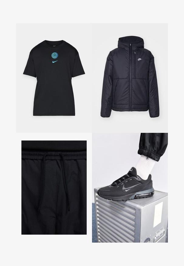 Black, padded Nike jacket with a front zipper and hood. Features a white logo on the left chest and dual front pockets. Smooth exterior texture.; Black cotton T-shirt featuring a turquoise graphic logo at the center and a smaller Nike logo on the left chest. Short sleeves, relaxed fit.; Black shorts featuring a drawstring waistband, lightweight fabric with a smooth texture, and a simple design without visible logos or patterns.; Nike Sportswear PULSE - Trainers - black/anthracite