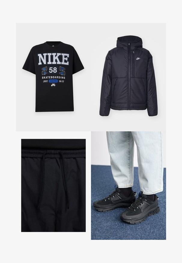 Juodas, paminkštintas Nike džemperis su priekyje užtrauktuku ir gobtuvu. Pasižymi balta logo kairėje krūtinės pusėje ir dviem priekinėmis kišenėmis. Su lygiu išoriniu paviršiumi.; Juodas medvilninis marškinėlis su ryškiais baltais ir mėlynais tekstais, grafika "Nike 58 Skateboarding", su apvaliu kaklu ir trumpomis rankovėmis.; Juodos šortai su raišteliu juosmens srityje, lengva medžiaga su lygiu paviršiumi ir paprastas dizainas be matomų logotipų ar raštų.; Juodi sportiniai bateliai su tekstūruota medžiaga ir guminiais padais, su elastingomis raišteliais ir mėlynu akcentu ant kulno. Dėvimi su šviesiai mėlynomis džinsinėmis kelnėmis.