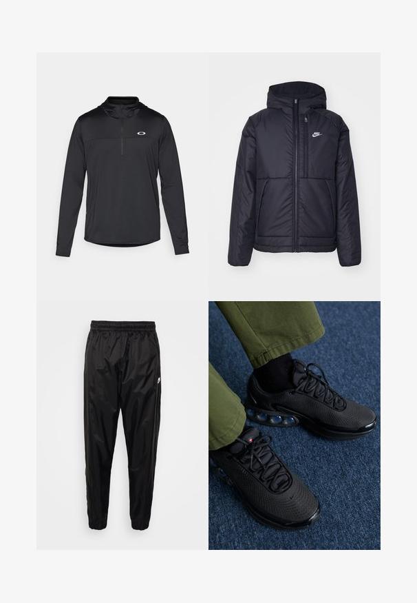Black, padded Nike jacket with a front zipper and hood. Features a white logo on the left chest and dual front pockets. Smooth exterior texture.; Black long-sleeve pullover with a hood, featuring a quarter zip and a subtle logo on the chest, made from lightweight, breathable fabric.; Black track pants made of lightweight, shiny material with an elastic waistband, tapered fit, and zippered pockets. Features a logo accent.; Black athletic shoes with a mesh upper, textured surface, and visible air cushioning pods. Paired with olive green pants and black socks.