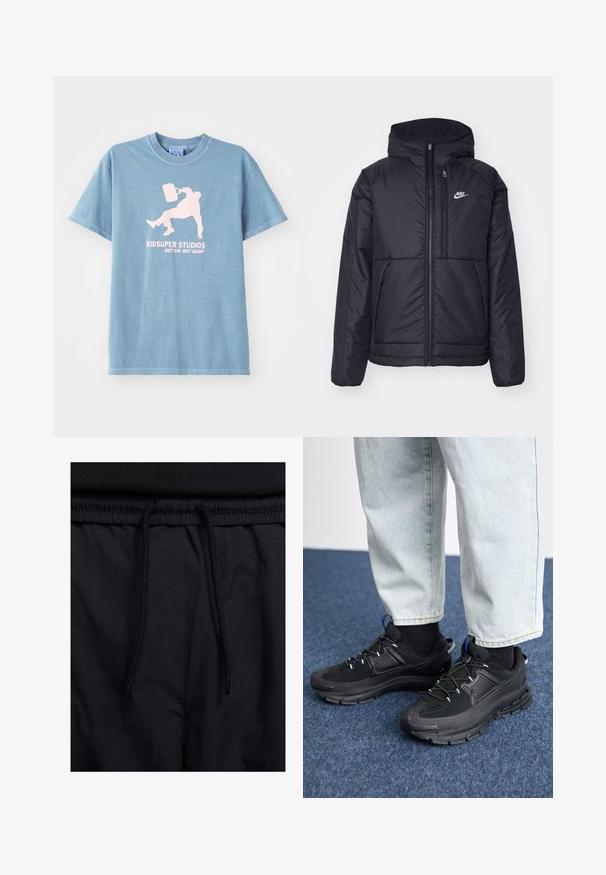 Must musta Nike jope, millel on ees lukuga avamine ja kapuuts. Vasakpoolne rind on kaunistatud valge logoga ning ees on kaks taskut. Sile välimine tekstuur.; Heledsinine puuvillane t-särk ümarate krae ja lühikeste varrukatega, millel on roosas trükis graafika inimesest, kes hoiab ämbrit.; Mustad lühikesed püksid, millel on paelaga vöökoht, kerge kangas, mis on sileda tekstuuriga ning lihtne disain ilma nähtavate logode või mustriteta.; Mustad mustad jooksukingad, millel on tekstureeritud kangas ja kummist tallad, elastsed nöörid ning sinine aksent kandadel. Kandmine heledate teksadega.