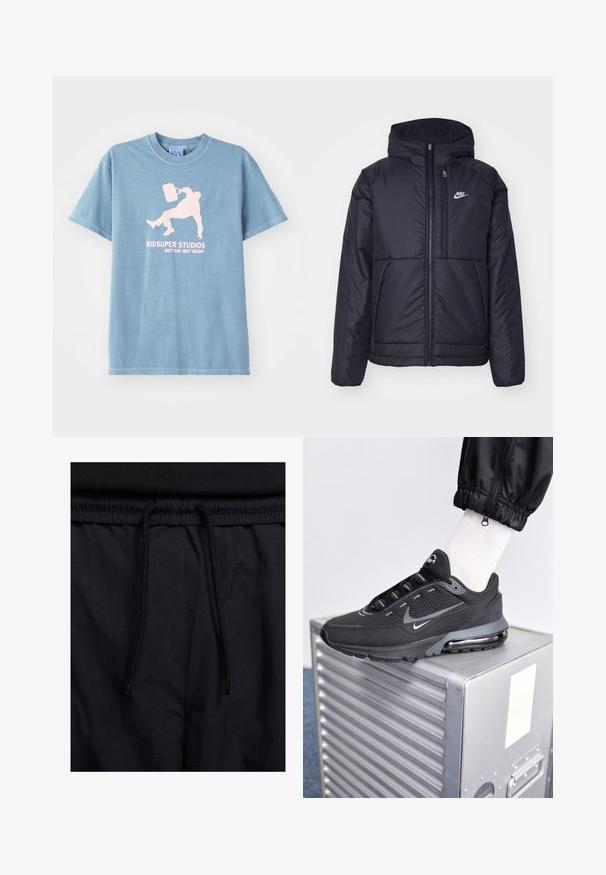 Czarna, pikowana kurtka Nike z przednim zamkiem błyskawicznym i kapturem. Posiada białe logo po lewej stronie klatki piersiowej oraz podwójne kieszenie z przodu. Gładka struktura zewnętrzna.; Jasnoniebieska bawełniana koszulka z okrągłym dekoltem, krótkimi rękawami i nadrukiem w kolorze różowym przedstawiającym osobę trzymającą wiadro.; Czarne szorty z elastycznym paskiem na sznurku, lekkiego materiału o gładkiej fakturze oraz prostym wzornictwie bez widocznych logo czy wzorów.; Nike Sportswear PULSE czarny