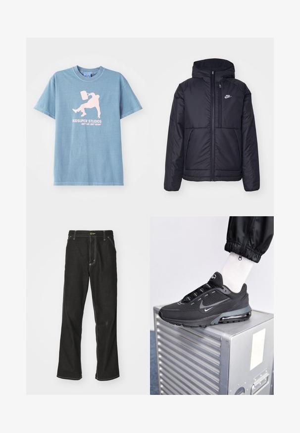 Zwarte, gewatteerde Nike-jas met een voorkant met ritssluiting en capuchon. Kenmerkt zich door een wit logo op de linkerborst en dubbele frontzakken. Gladde buitenkant.; Lichtblauwe katoenen t-shirt met ronde hals, korte mouwen en een bedrukt grafisch ontwerp in het roze met een persoon die een emmer vasthoudt.; Zwarte denim jeans met een losse pasvorm, voorzien van contrasterende witte stiksels, een knoopsluiting en een recht ontwerp.; Nike Sportswear PULSE - Sneakers laag - black/anthracite