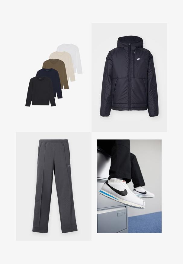 Schwarze, gepolsterte Nike-Jacke mit Frontreißverschluss und Kapuze. Hat ein weißes Logo auf der linken Brust und zwei Fronttaschen. Glattes äußeres Material.; Fünf Langarmhemden in einem Farbverlauf: dunkles Marineblau, Marineblau, olivgrün, beige und weiß. Jedes hat einen Rundhalsausschnitt und eine glatte Textur.; Graue Jogginghosen aus strukturiertem Stoff mit lockerer Passform, ausgestattet mit seitlichen Reißverschlusstaschen und einem kleinen Logo auf der Vorderseite.; Weisse Ledersneaker mit schwarzem Nike-Swoosh, hellblauem und grauem Gummisohle sowie klassischem Schnürdesign. Füße ruhen auf einem Aktenschrank.