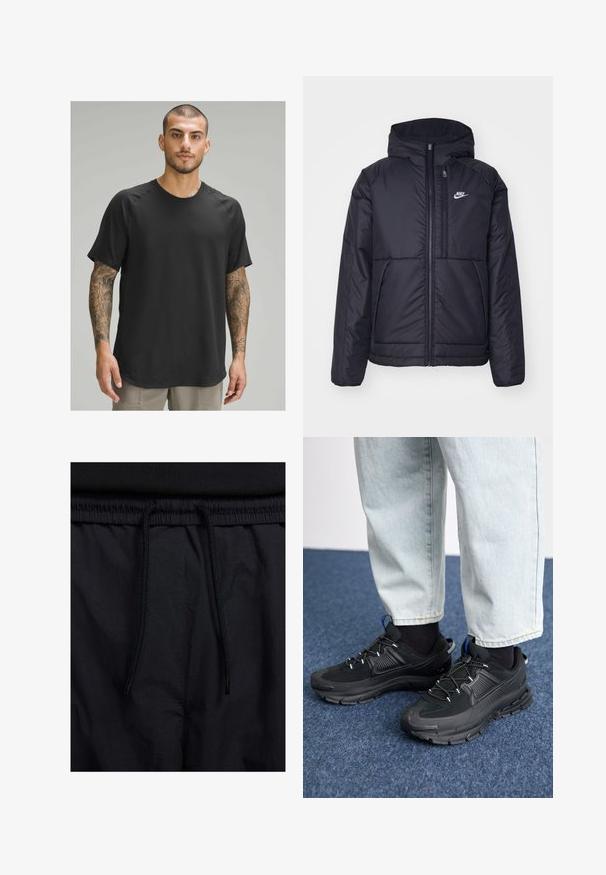 Fekete, párnázott Nike dzseki elülső cipzárral és kapucnival. A bal mellen fehér logó található, valamint két elülső zseb. Simának tűnő külső felület.; Fekete, rövid ujjú sportpóló kerek nyakkal, texturált anyagból és raglán ujjal, tetovált modelleken viselve.; Fekete rövidnadrág, húzózsinórral ellátott derékrésszel, könnyű anyagból, sima felszínen, egyszerű dizájnnal, látható logók vagy minták nélkül.; Fekete sportcipők texturált anyaggal és gumitalppal, elasztikus fűzőkkel és kék kiegészítővel a saroknál. Világos farmernadrággal viselve.
