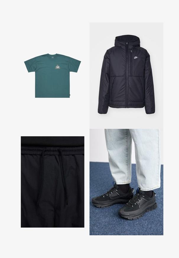 Fekete, párnázott Nike dzseki elülső cipzárral és kapucnival. A bal mellen fehér logó található, valamint két elülső zseb. Simának tűnő külső felület.; Zöld pamut póló rövid ujjakkal és bő szabással. Az elején egy színes, háromszög alakú grafika és a márkanevének felirata található.; Fekete rövidnadrág, húzózsinórral ellátott derékrésszel, könnyű anyagból, sima felszínen, egyszerű dizájnnal, látható logók vagy minták nélkül.; Fekete sportcipők texturált anyaggal és gumitalppal, elasztikus fűzőkkel és kék kiegészítővel a saroknál. Világos farmernadrággal viselve.