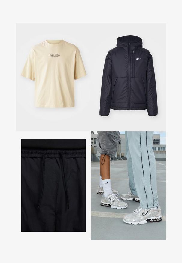 Must musta Nike jope, millel on ees lukuga avamine ja kapuuts. Vasakpoolne rind on kaunistatud valge logoga ning ees on kaks taskut. Sile välimine tekstuur.; Beige puuvillane T-särk ümmarguse kaelusega, lühikeste varrukatega ja musta trükiga tekstiga "STUDIO EDITION" rinnal.; Mustad lühikesed püksid, millel on paelaga vöökoht, kerge kangas, mis on sileda tekstuuriga ning lihtne disain ilma nähtavate logode või mustriteta.; Nike spordijalatsid hõbedasest võrkmaterjalist, millel on valged paelad, must swooshi logo ja must-punane õhkpadi vahetald.