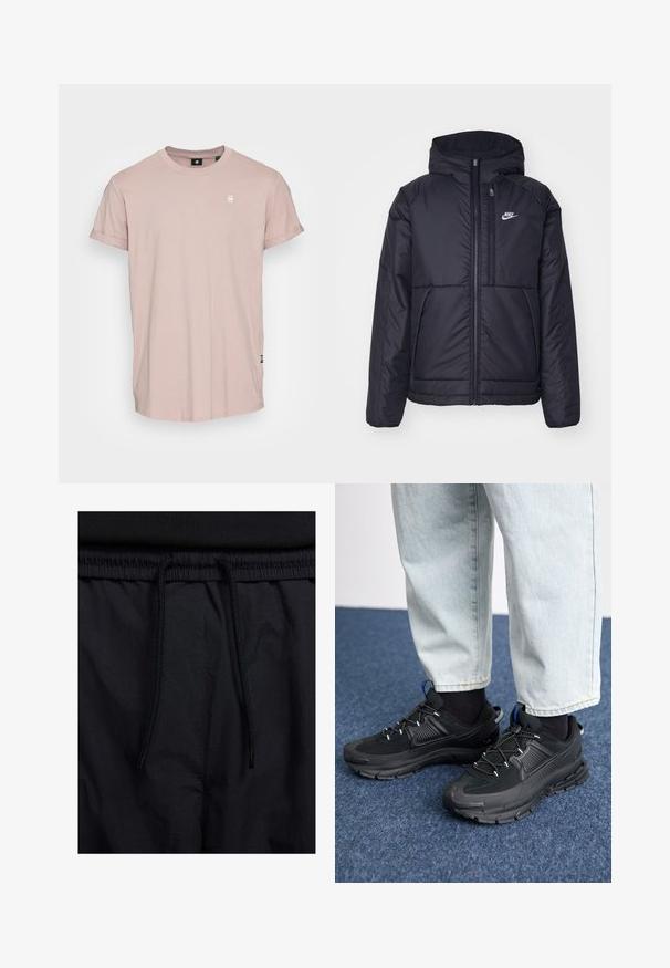 Casaco Nike preto, acolchoado, com fecho à frente e capuz. Apresenta um logo branco no lado esquerdo do peito e dois bolsos frontais. Textura exterior lisa.; G-STAR LASH - T-shirt básica - compact o peach lox; Calções pretos com um cós elástico ajustável, fabricados em tecido leve com uma textura suave e um design simples, sem logótipos ou padrões visíveis.; Sapatilhas desportivas pretas com tecido texturizado e solas em borracha, apresentando atacadores elásticos e um detalhe azul no calcanhar. Usadas com calças de ganga claras.