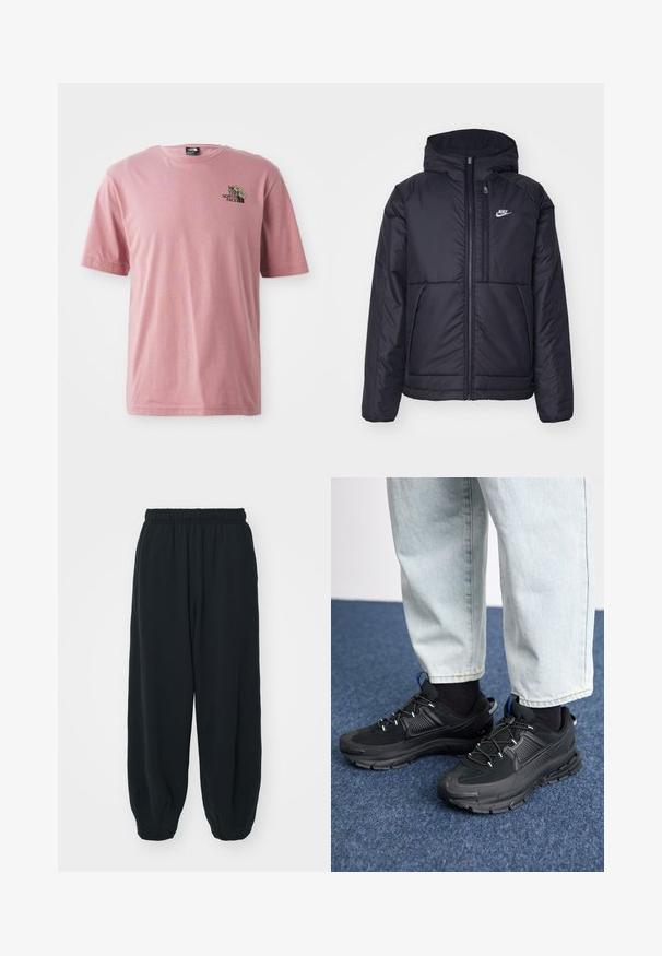 Svart, vadderad Nike-jacka med dragkedja framtill och huva. Har en vit logotyp på vänster bröst och dubbla framfickor. Slät yttextur.; Rosa bomullströja med rund halsringning, korta ärmar och en liten grafisk design med varumärkeslogotypen på bröstet.; Svarta, elastiska sweatpants med lös passform, mudd vid anklarna, slät textur och utan synliga mönster eller detaljer i metall.; Svarta sportskor med texturerat tyg och gummisulor, med elastiska snörningar och en blå detalj på hälen. Bärs med ljusa jeans.