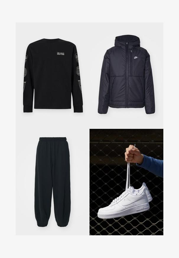 Fekete, párnázott Nike dzseki elülső cipzárral és kapucnival. A bal mellen fehér logó található, valamint két elülső zseb. Simának tűnő külső felület.; Fekete, hosszú ujjú pamut póló, amelynek elején és mindkét ujján fehér szöveg és grafikai minták találhatók.; Fekete, rugalmas derékpántos melegítőnadrág, laza fit, véget érő szárakkal, sima textúrával, látható minták vagy hardver díszek nélkül.; Fehér bőr sportcipők perforációval, kerek orral, lapos talppal és vastag fűzőkkel, látható swoosh logóval és "AIR" felirattal a sarokrészen.