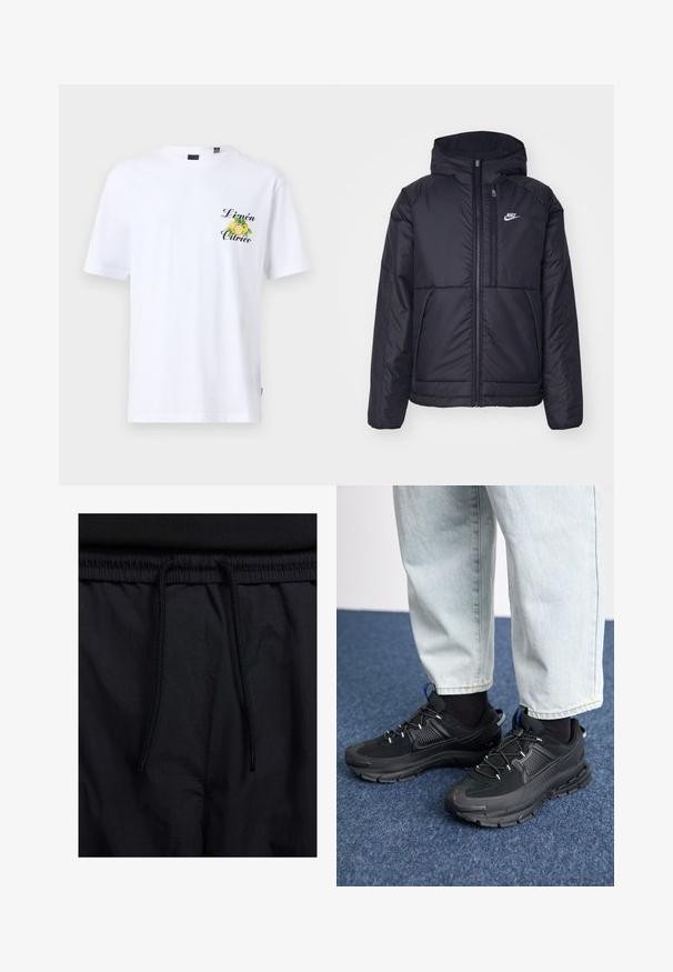 Giacca Nike nera, imbottita, con zip frontale e cappuccio. Presenta un logo bianco sul lato sinistro del petto e doppie tasche frontali. Texture esterna liscia.; T-shirt bianca in cotone a maniche corte, con una grafica di limone verde e giallo e la scritta "Limón Cítrico" stampata in nero sul petto.; Shorts neri con vita regolabile tramite coulisse, tessuto leggero con una texture liscia e un design semplice senza loghi o motivi visibili.; Scarpe sportive nere con tessuto testurizzato e suole in gomma, dotate di lacci elastici e un accento blu sul tallone. Indossate con pantaloni in denim chiaro.
