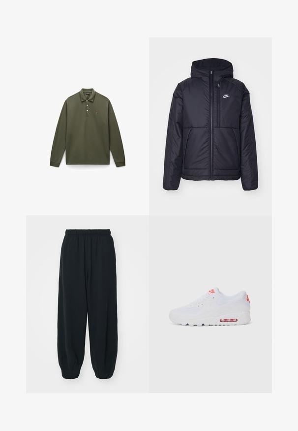 Čierna, polstrovaná bunda Nike so zipsom vpredu a kapucňou. Na ľavej strane hrude sa nachádza biele logo a sú tu dva predné vrecká. Hladký vonkajší povrch.; Olívovo zelená polokošeľa s dlhým rukávom vyrobená z bavlny, s trojročným zapínaním, rebrovanými manžetami a malým vyšitým logom na hrudi.; Čierne tepláky s elastickým pásom, vo voľnom strihu, s manžetami na členkoch, hladkej textúry a bez viditeľných vzorov alebo kovových doplnkov.; Biele športové tenisky s hladkým zvrškom, šnurovaním, polstrovanou podrážkou a viditeľnou vzduchovou jednotkou s červenými akcentmi na značení.
