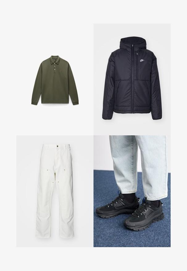 Černá zateplená bunda Nike s předním zipem a kapucí. Na levé straně hrudi má bílé logo a dvojité přední kapsy. Hladký povrch.; Olivově zelená pánská polokošile s dlouhým rukávem vyrobená z bavlny, s tříknoflíkovou légou, vroubkovanými manžetami a malým vyšitým logem na hrudi.; Bílé bavlněné cargo kalhoty s volným střihem. Vlastnosti zahrnují přední kapsy, zlaté kovové detaily a zpevněné oblasti na kolenou.; Černé sportovní boty s texturovanou tkaninou a gumovou podrážkou, s elastickými tkaničkami a modrým akcentem na patě. Nosí se s světlými džíny.