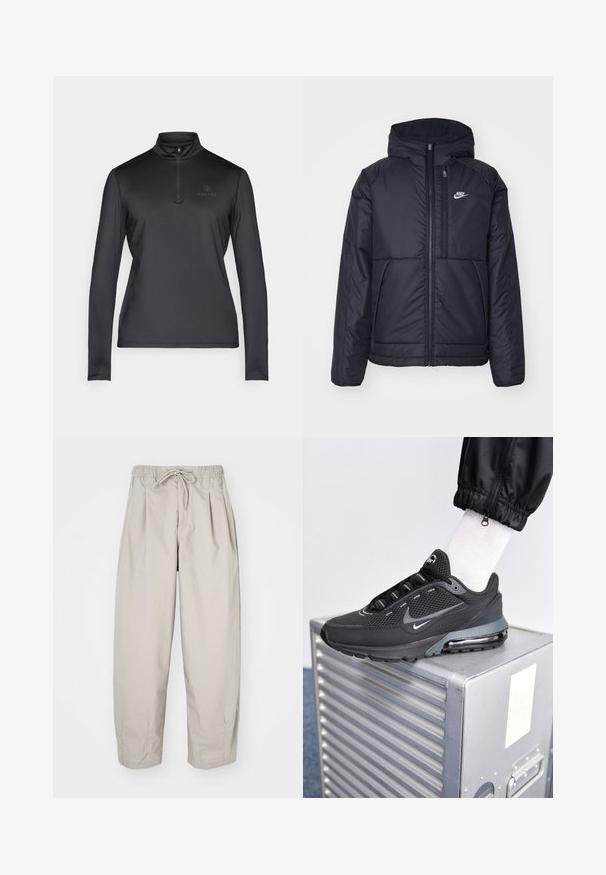 Zwarte, gewatteerde Nike-jas met een voorkant met ritssluiting en capuchon. Kenmerkt zich door een wit logo op de linkerborst en dubbele frontzakken. Gladde buitenkant.; Zwarte pullover met lange mouwen en een halve rits bij de kraag. Gemaakt van een lichtgewicht, gladde stof. Voorzien van een subtiel logo op de bovenste linkerborst.; Beige, lichte broek met een elastische tailleband en trekkoord. Beschikt over plooien en een losse pasvorm, gemaakt van een zachte, gladde stof.; Nike Sportswear PULSE - Sneakers laag - black/anthracite