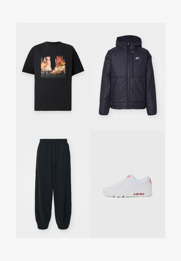 Musta, pehmustettu Nike-takki, jossa on etuvetoketju ja huppu. Vasemmassa rinnassa on valkoinen logo ja takissa on kaksinkertaiset etutaskut. Pintakoe on sileä.; Musta T-paita, jossa on elävä printti Times Squaresta värikkäillä mainoksilla, mukaan lukien "Michael Jordan" ja "Nike". Lyhyet hihat, pyöreä kaula-aukko.; Mustat, elastisella vyötäröllä varustetut collegehousut, joissa on löysä istuvuus, cuffattu lahje, sileä pinta ja ilman näkyviä kuvioita tai varusteita.; Valkoinen urheilujalkine, jossa on sileä päällinen, nauhakiinnitys, pehmustettu pohja ja näkyvä ilmayksikkö, jossa on punaisia yksityiskohtia brändissä.