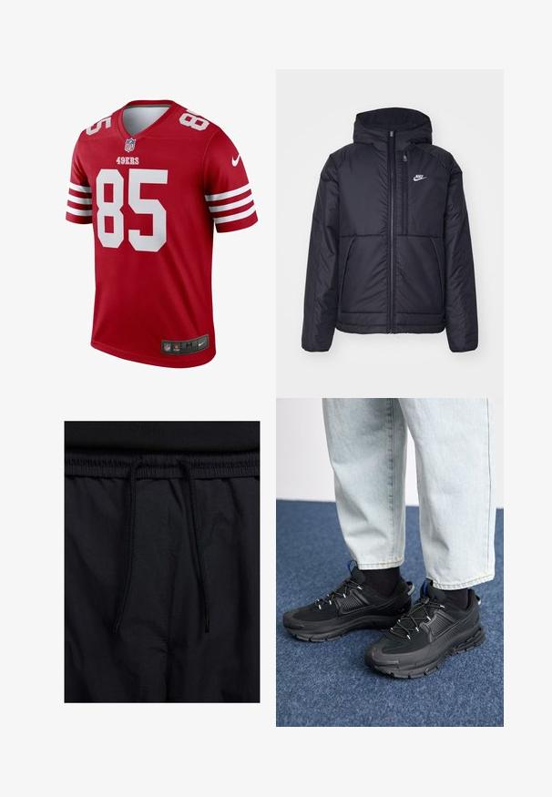 Black, padded Nike jacket with a front zipper and hood. Features a white logo on the left chest and dual front pockets. Smooth exterior texture.; Red football jersey featuring white accents, short sleeves, and a V-neck. Displays "49ERS" and "85" in large white numbers. Nike logo at hem.; Black shorts featuring a drawstring waistband, lightweight fabric with a smooth texture, and a simple design without visible logos or patterns.; Black athletic shoes with textured fabric and rubber soles, featuring elastic laces and a blue accent on the heel. Worn with light denim pants.
