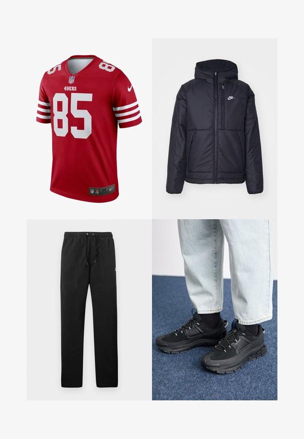 Must musta Nike jope, millel on ees lukuga avamine ja kapuuts. Vasakpoolne rind on kaunistatud valge logoga ning ees on kaks taskut. Sile välimine tekstuur.; Punane jalgpallipaita valgete detailidega, lühikeste varrukatega ja V-kaelusega. Näitab suurtes valgetes numbrites "49ERS" ja "85". Nike logo ääres.; Mustad fliisist sportpüksid, millel on elastne vöö ja paelad, kaks esi-taskut ning väike logo reie peal.; Mustad mustad jooksukingad, millel on tekstureeritud kangas ja kummist tallad, elastsed nöörid ning sinine aksent kandadel. Kandmine heledate teksadega.