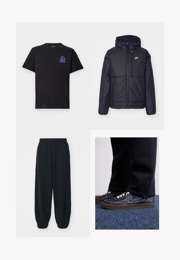 Černá zateplená bunda Nike s předním zipem a kapucí. Na levé straně hrudi má bílé logo a dvojité přední kapsy. Hladký povrch.; Černé tričko s krátkým rukávem vyrobené z bavlny. Na levé kapse po hrudi se nachází grafika modré vlny. Klasický design s kulatým výstřihem.; Černé teplákové kalhoty s elastickým pasem, volným střihem, manžetami na kotnících, hladkým povrchem a bez viditelných vzorů či kovových detailů.; Nike Sportswear KILLSHOT 2 LTR PRM OPP2 - Tenisky - black sail baroque brown mtlc dk grey
