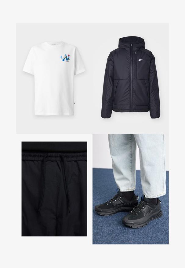 Črna, podložena Nike jakna z sprednjim zadrgo in kapuco. Ima bel logo na levem prsnem delu in dvojna sprednja žepa. Gladka zunanja tekstura.; Bela bombažna majica s kratkimi rokavi, ki ima barvito abstraktno zasnovo na levem prsnem delu, s modrimi, zelenimi, rdečimi in breskvenkastimi oblikami. Okrogla ovratnica.; Črne kratke hlače z vrvico v pasu, lahkotna tkanina z gladko teksturo in preprosto zasnovo brez vidnih logotipov ali vzorcev.; Črne športne čevlje z teksturirano tkanino in gumijastimi podplati, ki imajo elastične vezalke ter modre poudarke na peti. Nosi se z lahkimi denim hlačami.