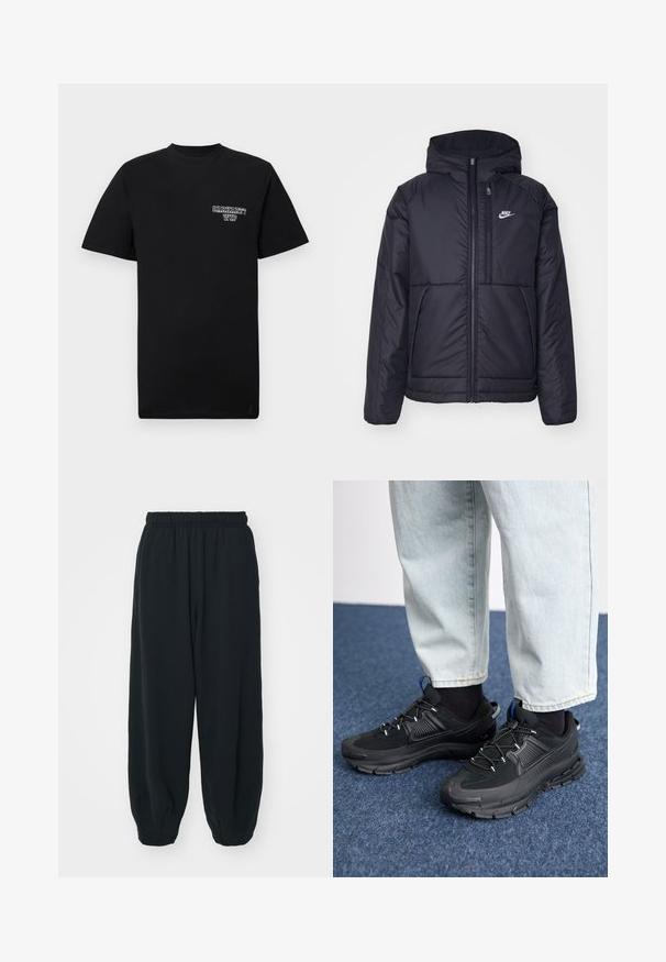 Musta, pehmustettu Nike-takki, jossa on etuvetoketju ja huppu. Vasemmassa rinnassa on valkoinen logo ja takissa on kaksinkertaiset etutaskut. Pintakoe on sileä.; Musta puuvillainen t-paita lyhyillä hihoilla ja pyöreällä kauluksella, jossa on valkoinen printtipainatus vasemmassa rinnassa. Sileä rakenne, normaali leikkaus.; Mustat, elastisella vyötäröllä varustetut collegehousut, joissa on löysä istuvuus, cuffattu lahje, sileä pinta ja ilman näkyviä kuvioita tai varusteita.; Mustat urheilukengät, joissa on teksturoitu kangas ja kumipohjat, elastiset nauhat ja sininen yksityiskohta kannassa. Yhdistetty vaaleisiin farkkuihin.