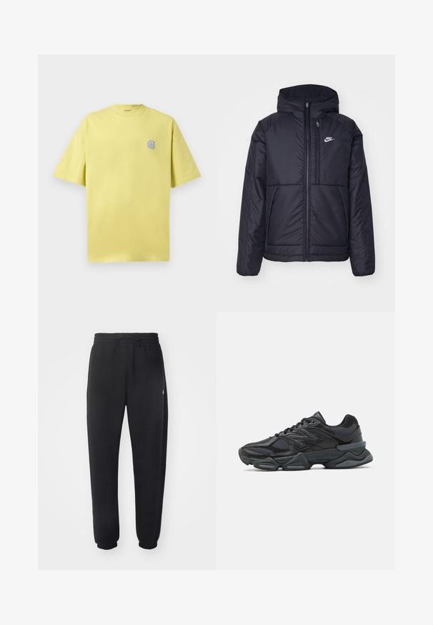 Svart, polstret Nike-jakke med frontglidelås og hette. Har en hvit logo på venstre bryst og doble frontlommer. Glatt ytterside.; Sitron-gul bomulls T-skjorte med korte ermer, rund hals og en liten blå logo på venstre bryst. Myk tekstur, avslappet passform.; Sorte joggebukser laget av mykt materiale med elastisk midje, snor og smale mansjetter, med en diskret logo på siden.; Svart løpesko med en blanding av mesh og syntetiske materialer, chunky såle, buet design og fremtredende merkevare på siden.