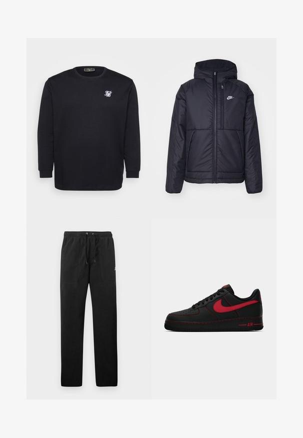 Black, padded Nike jacket with a front zipper and hood. Features a white logo on the left chest and dual front pockets. Smooth exterior texture.; Black long-sleeve t-shirt made of cotton, featuring a white embroidered logo on the chest, ribbed neckline, and cuffs.; Black sweatpants made of fleece, featuring an elastic waistband with drawstrings, two front pockets, and a small logo on the thigh.; Black leather Nike Air Force 1 sneakers with red accents, featuring a smooth texture, perforated toe, and contrasting red stitching.