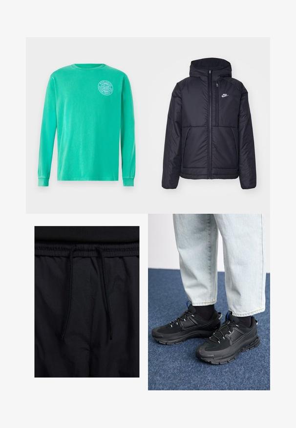 Casaco Nike preto, acolchoado, com fecho à frente e capuz. Apresenta um logo branco no lado esquerdo do peito e dois bolsos frontais. Textura exterior lisa.; Camisola de manga longa em algodão teal vibrante, com decote redondo e logótipo circular branco no lado esquerdo do peito. Textura suave, punhos ajustados.; Calções pretos com um cós elástico ajustável, fabricados em tecido leve com uma textura suave e um design simples, sem logótipos ou padrões visíveis.; Sapatilhas desportivas pretas com tecido texturizado e solas em borracha, apresentando atacadores elásticos e um detalhe azul no calcanhar. Usadas com calças de ganga claras.