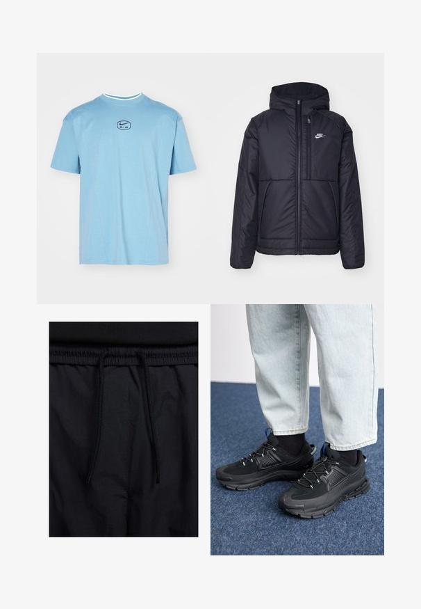 Casaco Nike preto, acolchoado, com fecho à frente e capuz. Apresenta um logo branco no lado esquerdo do peito e dois bolsos frontais. Textura exterior lisa.; Nike Sportswear AIR - T-shirt estampada - denim turq/black; Calções pretos com um cós elástico ajustável, fabricados em tecido leve com uma textura suave e um design simples, sem logótipos ou padrões visíveis.; Sapatilhas desportivas pretas com tecido texturizado e solas em borracha, apresentando atacadores elásticos e um detalhe azul no calcanhar. Usadas com calças de ganga claras.