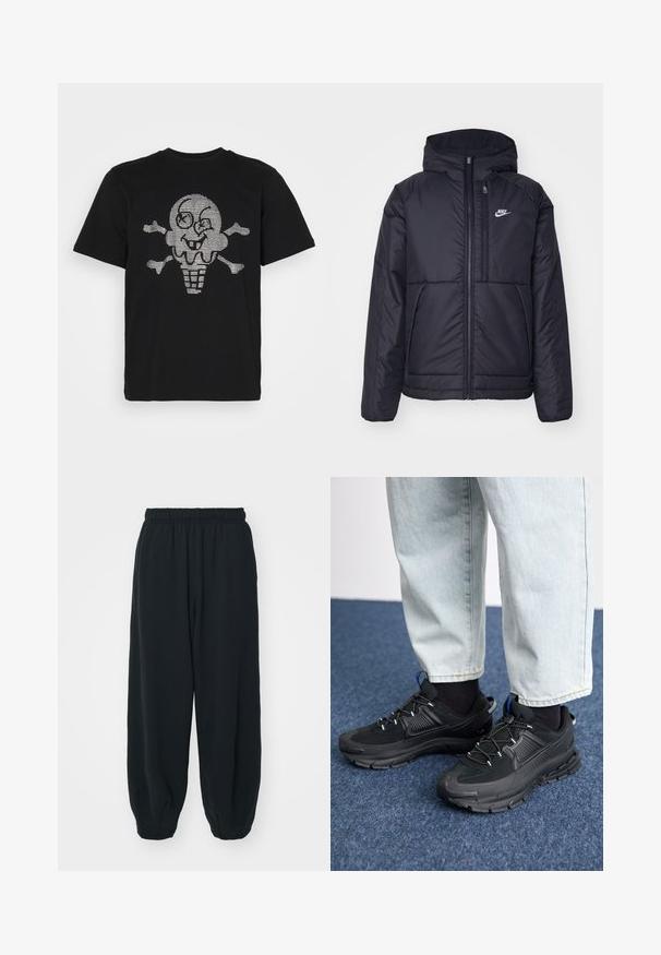 Sort, polstret Nike-jakke med frontlynlås og hætte. Har et hvidt logo på venstre bryst og to frontlommer. Glat ydre tekstur.; Sort bomulds t-shirt med et metallic sølv is-skelet grafik med korsben, korte ærmer og klassisk rund hals design.; Sorte svedbukser med elastisk talje, løs pasform, afsluttede ankler, glat tekstur og uden synlige mønstre eller hardware-detaljer.; Sorte træningssko med tekstureret stof og gummisåler, udstyret med elastiske snørebånd og en blå detalje på hælen. Bæres med lyse denimbukser.