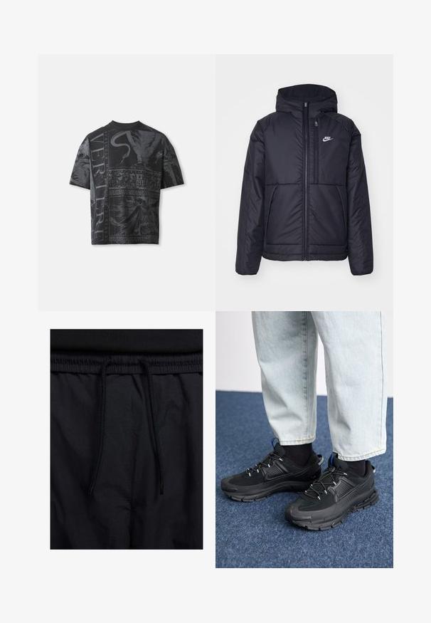 Casaco Nike preto, acolchoado, com fecho à frente e capuz. Apresenta um logo branco no lado esquerdo do peito e dois bolsos frontais. Textura exterior lisa.; T-shirt oversized preto com intrincados designs gráficos cinzas, incluindo representações de figuras e elementos decorativos. Decote redondo, mangas curtas.; Calções pretos com um cós elástico ajustável, fabricados em tecido leve com uma textura suave e um design simples, sem logótipos ou padrões visíveis.; Sapatilhas desportivas pretas com tecido texturizado e solas em borracha, apresentando atacadores elásticos e um detalhe azul no calcanhar. Usadas com calças de ganga claras.