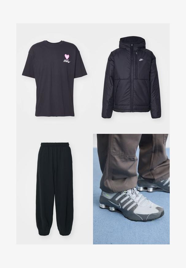 Juodas, paminkštintas Nike džemperis su priekyje užtrauktuku ir gobtuvu. Pasižymi balta logo kairėje krūtinės pusėje ir dviem priekinėmis kišenėmis. Su lygiu išoriniu paviršiumi.; Juodas medvilninis marškinėliai trumpomis rankovėmis, su rožiniu širdies piešiniu ir kursyva rašytu "nike" tekstu kairiajame krūtinės pusėje. Paprastas dizainas, apvalus iškirpimas.; Juodi, su elastiniu juosmeniu sportiniai kelnės su laisvu siluetu, suapvalintais kulkšnimis, lygia tekstūra ir be matomų raštų ar metalinių akcentų.; Pilki ir sidabriniai Nike Shox sportiniai bateliai pasižymi elegantišku dizainu, pagaminti iš tinklinės ir sintetinės medžiagos, turi apvalų pirštą ir paminkštintą apykaklę.