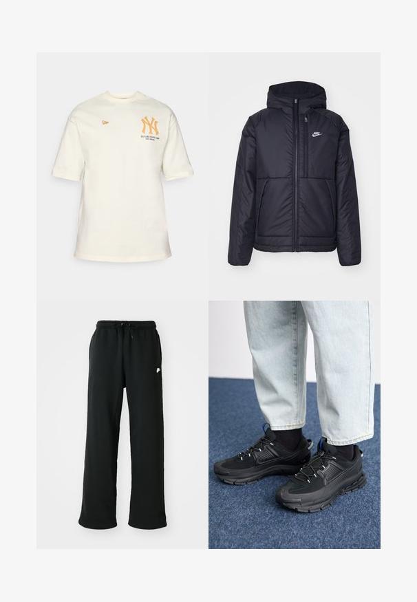 Musta, pehmustettu Nike-takki, jossa on etuvetoketju ja huppu. Vasemmassa rinnassa on valkoinen logo ja takissa on kaksinkertaiset etutaskut. Pintakoe on sileä.; Kerman puuvillainen t-paita lyhyillä hihoilla, jossa on orange NY -logo ja teksti "Perustettu 1903 THE BRONX" painettuna etuosaan.; Mustat collegehousut pehmeästä kankaasta, joissa on joustava vyötärönauha säädettävällä nyörillä ja pieni logo detail sivussa.; Mustat urheilukengät, joissa on teksturoitu kangas ja kumipohjat, elastiset nauhat ja sininen yksityiskohta kannassa. Yhdistetty vaaleisiin farkkuihin.