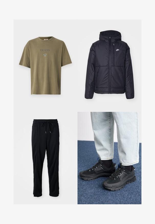 Must musta Nike jope, millel on ees lukuga avamine ja kapuuts. Vasakpoolne rind on kaunistatud valge logoga ning ees on kaks taskut. Sile välimine tekstuur.; Guess Originals PRINTED BAKER - Trükipildiga T-särk - olive mourning; Mustad nööridega vööga igapäevased mustad püksid, külgseamipocketid ja sirge sääre lõikega, ühtlasel taustal.; Mustad mustad jooksukingad, millel on tekstureeritud kangas ja kummist tallad, elastsed nöörid ning sinine aksent kandadel. Kandmine heledate teksadega.