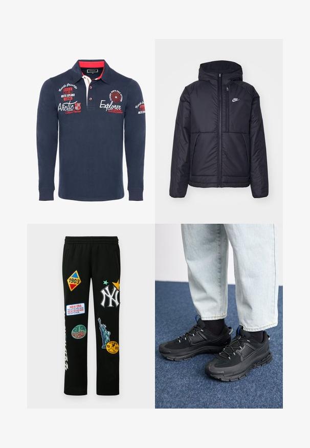 Must musta Nike jope, millel on ees lukuga avamine ja kapuuts. Vasakpoolne rind on kaunistatud valge logoga ning ees on kaks taskut. Sile välimine tekstuur.; Tumesinise pika varrukaga polo särk, mis on valmistatud puuvillast. Särgil on krae, punased detailid ning rindkere ja varrukatel on tikitud tekst ja grafikad.; Mustad dressipüksid erinevate mitmevärviliste tikanditega, sealhulgas New York Yankeesi logo, pesapalli graafika ja Vabadussammas.; Mustad mustad jooksukingad, millel on tekstureeritud kangas ja kummist tallad, elastsed nöörid ning sinine aksent kandadel. Kandmine heledate teksadega.