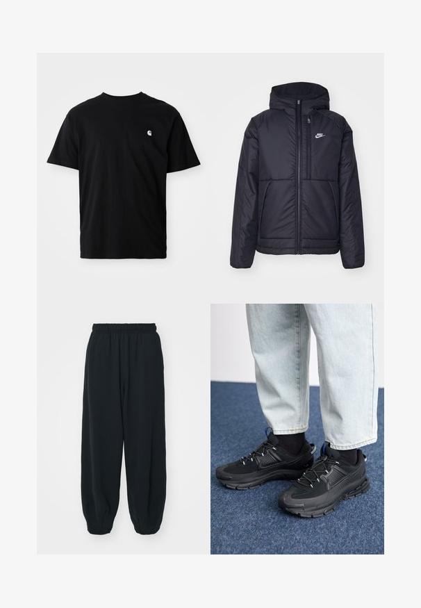Casaco Nike preto, acolchoado, com fecho à frente e capuz. Apresenta um logo branco no lado esquerdo do peito e dois bolsos frontais. Textura exterior lisa.; T-shirt de algodão preto com gola redonda, mangas curtas e um pequeno logótipo branco na área do peito esquerdo. Costuras laterais visíveis. Textura suave.; Calças de fato de treino pretas, com cintura elástica e um corte solto, com punhos nas pernas, textura suave e sem padrões visíveis ou detalhes de metal.; Sapatilhas desportivas pretas com tecido texturizado e solas em borracha, apresentando atacadores elásticos e um detalhe azul no calcanhar. Usadas com calças de ganga claras.