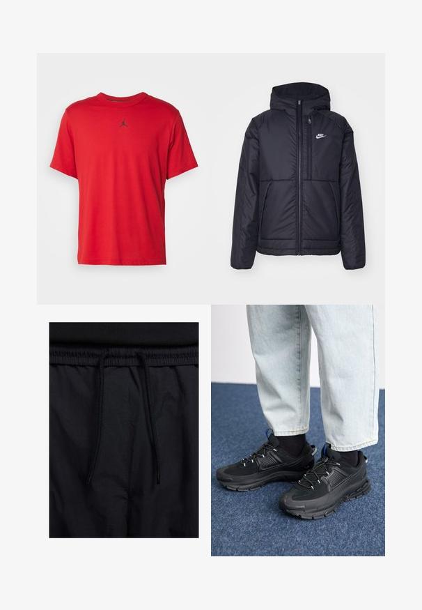 Casaco Nike preto, acolchoado, com fecho à frente e capuz. Apresenta um logo branco no lado esquerdo do peito e dois bolsos frontais. Textura exterior lisa.; T-shirt de algodão vermelho de manga curta com decote redondo e um pequeno logótipo preto da Jordan no peito, com um corte reto na bainha.; Calções pretos com um cós elástico ajustável, fabricados em tecido leve com uma textura suave e um design simples, sem logótipos ou padrões visíveis.; Sapatilhas desportivas pretas com tecido texturizado e solas em borracha, apresentando atacadores elásticos e um detalhe azul no calcanhar. Usadas com calças de ganga claras.