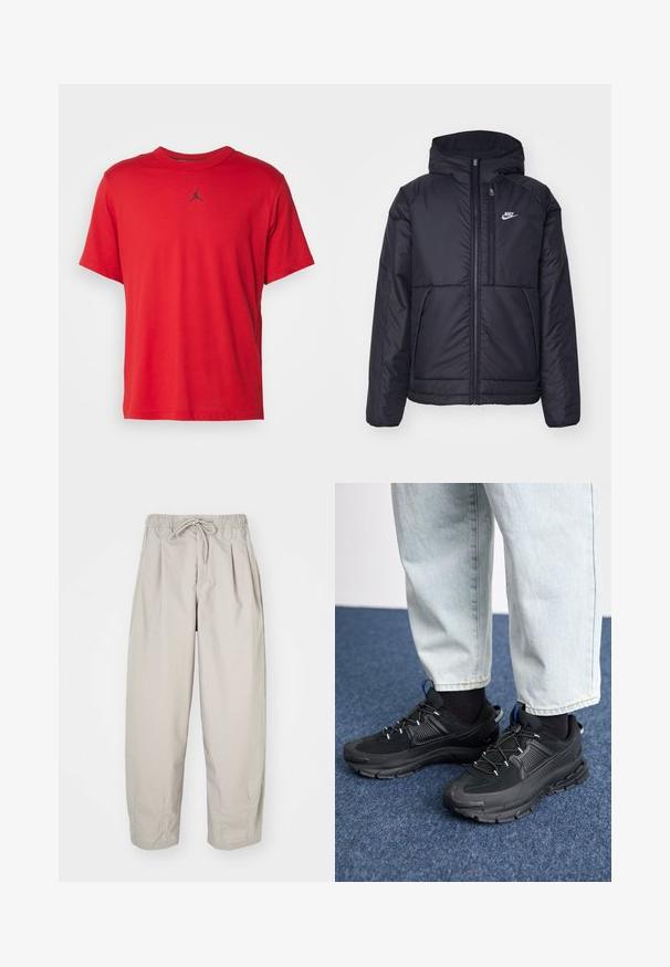 Črna, podložena Nike jakna z sprednjim zadrgo in kapuco. Ima bel logo na levem prsnem delu in dvojna sprednja žepa. Gladka zunanja tekstura.; Rdeča bombažna majica s kratkimi rokavi, ki ima okroglo ovratnik in majhen črn Jordan logotip na prsih, z ravno spodnjo obrobo.; Bež hlače iz lahkega materiala z elastičnim pasom in vrvico. Imajo gube in ohlapen kroj, izdelane so iz mehkega, gladkega blaga.; Črne športne čevlje z teksturirano tkanino in gumijastimi podplati, ki imajo elastične vezalke ter modre poudarke na peti. Nosi se z lahkimi denim hlačami.
