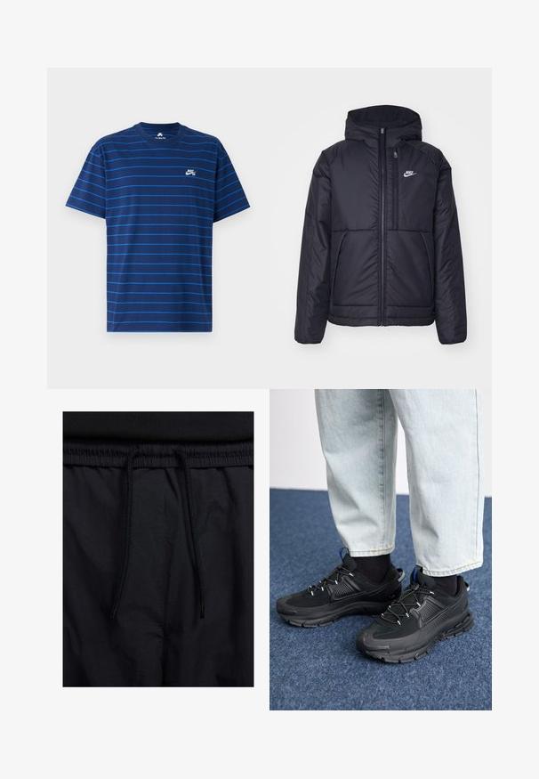 Juodas, paminkštintas Nike džemperis su priekyje užtrauktuku ir gobtuvu. Pasižymi balta logo kairėje krūtinės pusėje ir dviem priekinėmis kišenėmis. Su lygiu išoriniu paviršiumi.; Tamsiai mėlynas medvilninis marškinėliai su plonomis horizontaliomis mėlynomis juostelėmis. Savyje turi apvalų iškirpimą ir mažą baltą Nike SB logotipą kairėje krūtinės pusėje.; Juodos šortai su raišteliu juosmens srityje, lengva medžiaga su lygiu paviršiumi ir paprastas dizainas be matomų logotipų ar raštų.; Juodi sportiniai bateliai su tekstūruota medžiaga ir guminiais padais, su elastingomis raišteliais ir mėlynu akcentu ant kulno. Dėvimi su šviesiai mėlynomis džinsinėmis kelnėmis.