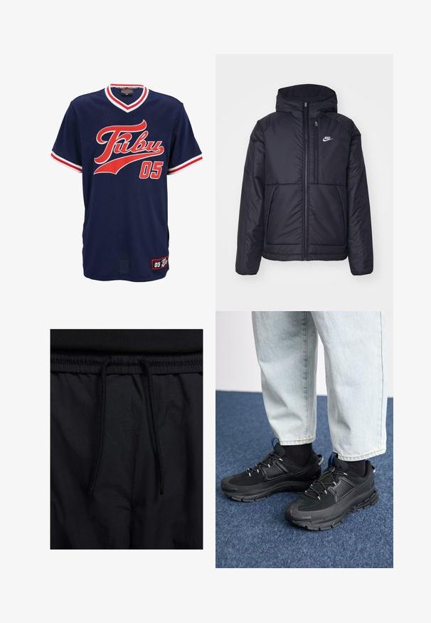 Melna, pufota Nike jaka ar priekšējo rāvējslēdzēju un kapuci. Iezīmēta ar baltu logotipu uz kreisās krūtis un divām priekšējām kabatām. Gluda ārējā tekstūra.; Jūras zila acu auduma T-krekls ar sarkaniem un baltajiem akcentiem, kurā priekšpusē redzams "Fubu" logs skriptu fontā un skaitlis "05". Īsas piedurknes.; Melni šorti ar sašūtu jostu, viegls audums ar gludu tekstūru un vienkāršs dizains bez redzamiem logotipiem vai paraugiem.; Melni sporta apavi ar strukturētu audumu un gumijas zoli, ar elastīgām auklām un zilu akcentu uz papēža. Nēsāti ar gaišām džinsu biksēm.