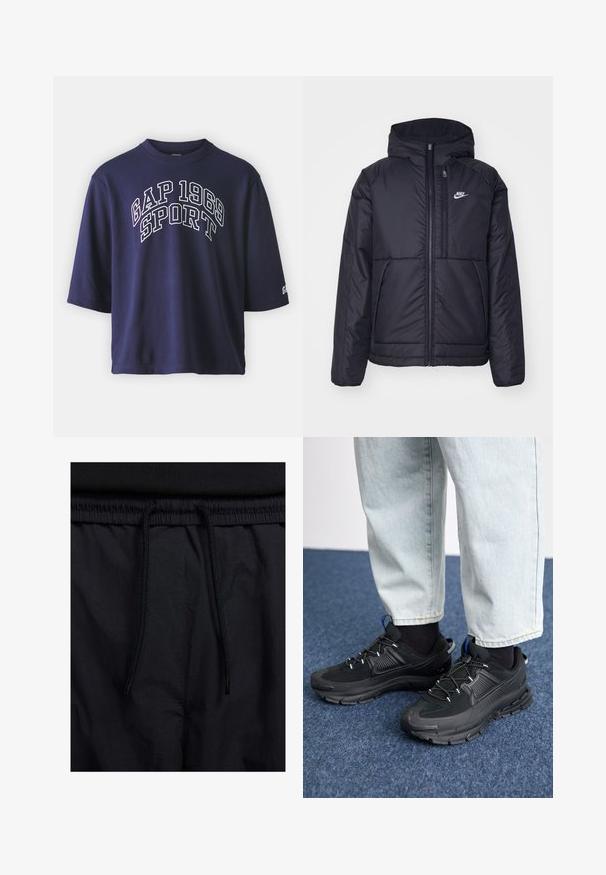 Juodas, paminkštintas Nike džemperis su priekyje užtrauktuku ir gobtuvu. Pasižymi balta logo kairėje krūtinės pusėje ir dviem priekinėmis kišenėmis. Su lygiu išoriniu paviršiumi.; GAP FASHION LOGO CREW - Marškinėliai su spaudiniu - navy uniform; Juodos šortai su raišteliu juosmens srityje, lengva medžiaga su lygiu paviršiumi ir paprastas dizainas be matomų logotipų ar raštų.; Juodi sportiniai bateliai su tekstūruota medžiaga ir guminiais padais, su elastingomis raišteliais ir mėlynu akcentu ant kulno. Dėvimi su šviesiai mėlynomis džinsinėmis kelnėmis.