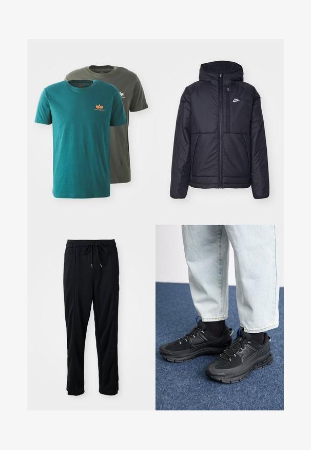 Čierna, polstrovaná bunda Nike so zipsom vpredu a kapucňou. Na ľavej strane hrude sa nachádza biele logo a sú tu dva predné vrecká. Hladký vonkajší povrch.; Dvoje tričiek s krátkym rukávom: jedno modrozelené s oranžovou logom, druhé olivovo zelené s bielym logom. Obe majú klasický okrúhly výstrih a mäkkú látku.; Čierne voľné nohavice na gumičku v páse s bočnými vreckami a rovnými nohavicami na jednoduchom pozadí.; Čierne športové topánky s textúrovanou tkaninou a gumovou podrážkou, so elastickými šnúrkami a modrým akcentom na päte. Nosia sa s svetlými riflami.