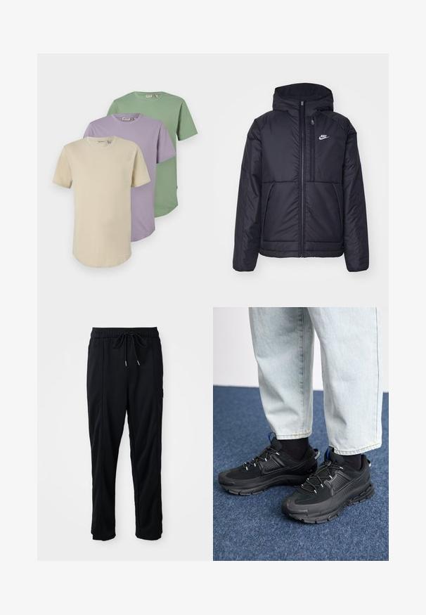 Black, padded Nike jacket with a front zipper and hood. Features a white logo on the left chest and dual front pockets. Smooth exterior texture.; Three short-sleeve T-shirts in cream, lavender, and green. Made from soft cotton, featuring round necklines and a relaxed fit.; Black drawstring waist casual pants with side seam pockets and straight leg cut on a plain background.; Black athletic shoes with textured fabric and rubber soles, featuring elastic laces and a blue accent on the heel. Worn with light denim pants.