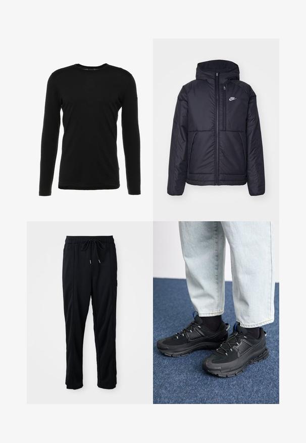 Must musta Nike jope, millel on ees lukuga avamine ja kapuuts. Vasakpoolne rind on kaunistatud valge logoga ning ees on kaks taskut. Sile välimine tekstuur.; Must mustaga pika varrukaga T-särk, mis on valmistatud pehmest kangast, ümmarguse kaelaaukuga, lihtsa disaini ja sirge servaga, ilma nähtavate mustrite või kaunistusteta.; Mustad nööridega vööga igapäevased mustad püksid, külgseamipocketid ja sirge sääre lõikega, ühtlasel taustal.; Mustad mustad jooksukingad, millel on tekstureeritud kangas ja kummist tallad, elastsed nöörid ning sinine aksent kandadel. Kandmine heledate teksadega.